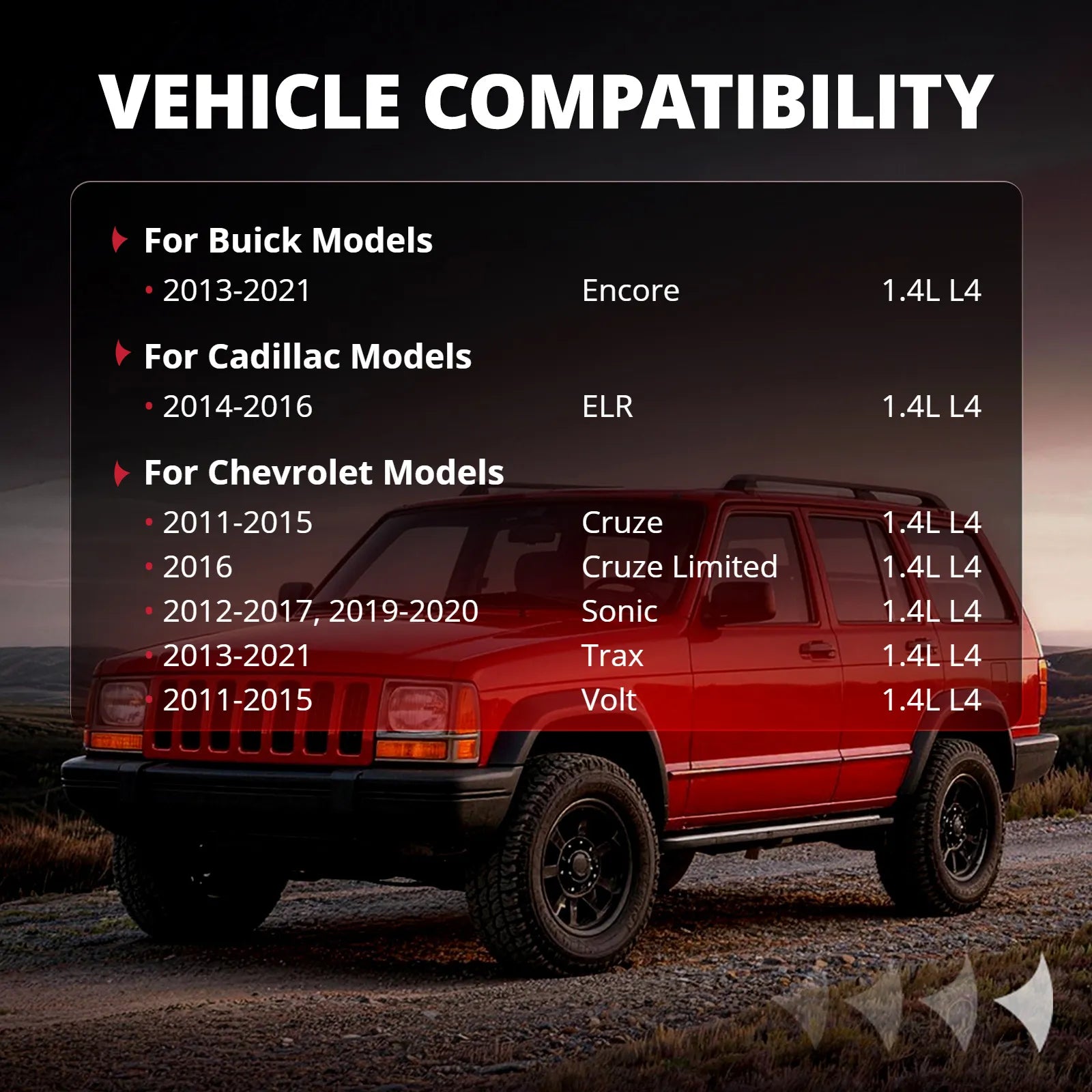 Vehicle-compatibility-chart-for-1.4L-L4-engine-UF669-misfire-fix-on-Chevy-Cruze-Sonic-Trax-Volt-Buick-Encore