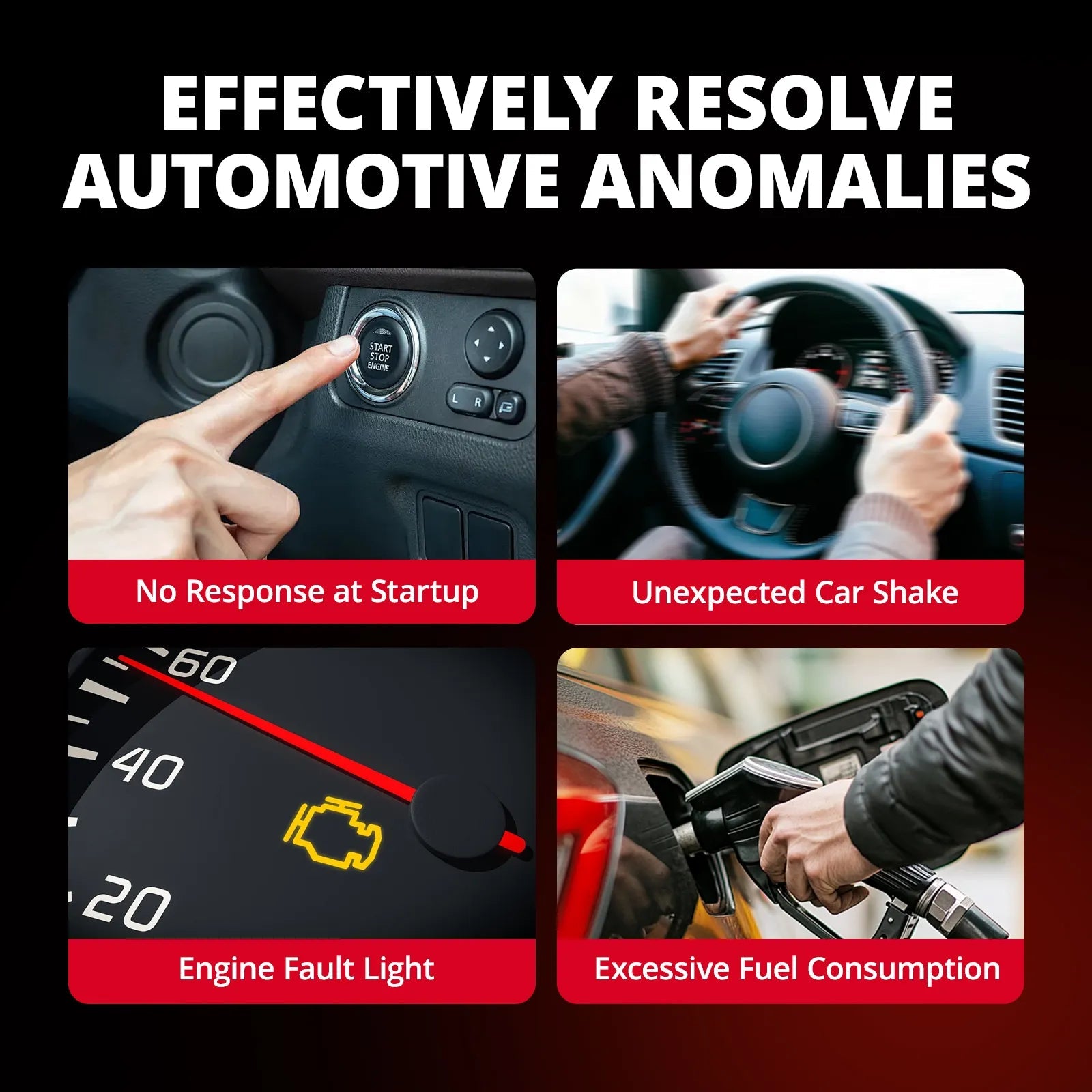 Diagnostic guide to resolving automotive anomalies like no response at startup, engine misfire shaking, check engine light (DTC P0351), and excessive fuel consumption.