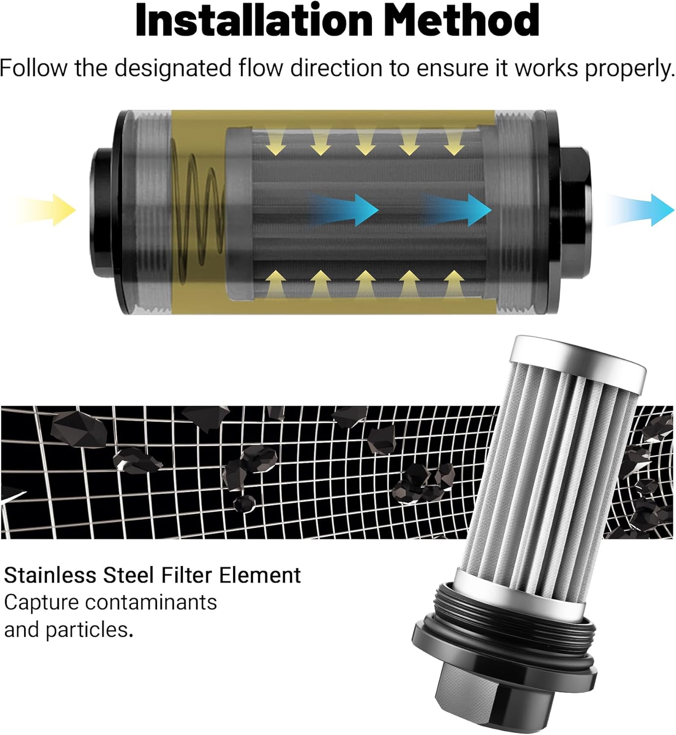 Evil Energy Universal Inline Fuel Filter - 10/30/40/100 Micron Stainless Steel Element w/1/2", 3/8", 5/16" Barb Adapters (Gas/Diesel/E85 Compatible) - Aluminum Black