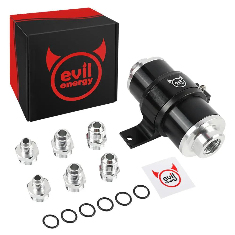 evil energy fuel filter kit with stainless steel inline fuel filter, AN fittings, and mounting hardware