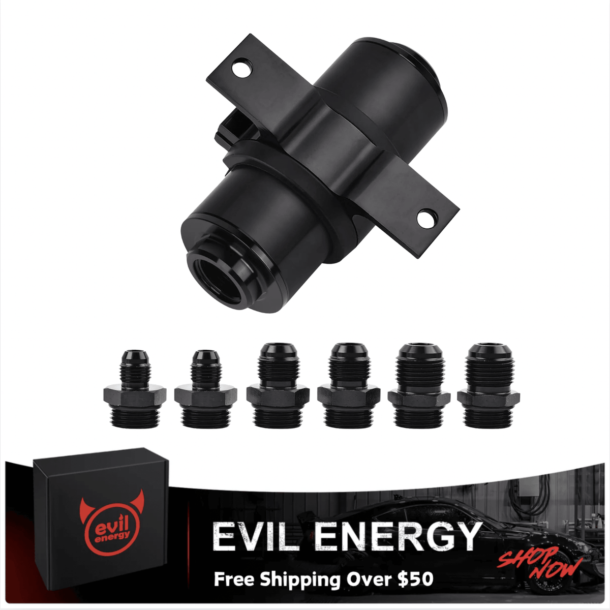 [Black,With Bracket] black inline evil energy fuel filter with directional arrow and multiple AN fuel line fittings