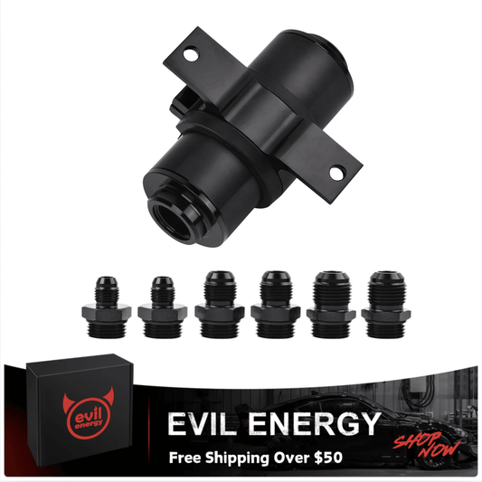 [Black,With Bracket] black inline evil energy fuel filter with directional arrow and multiple AN fuel line fittings 2500