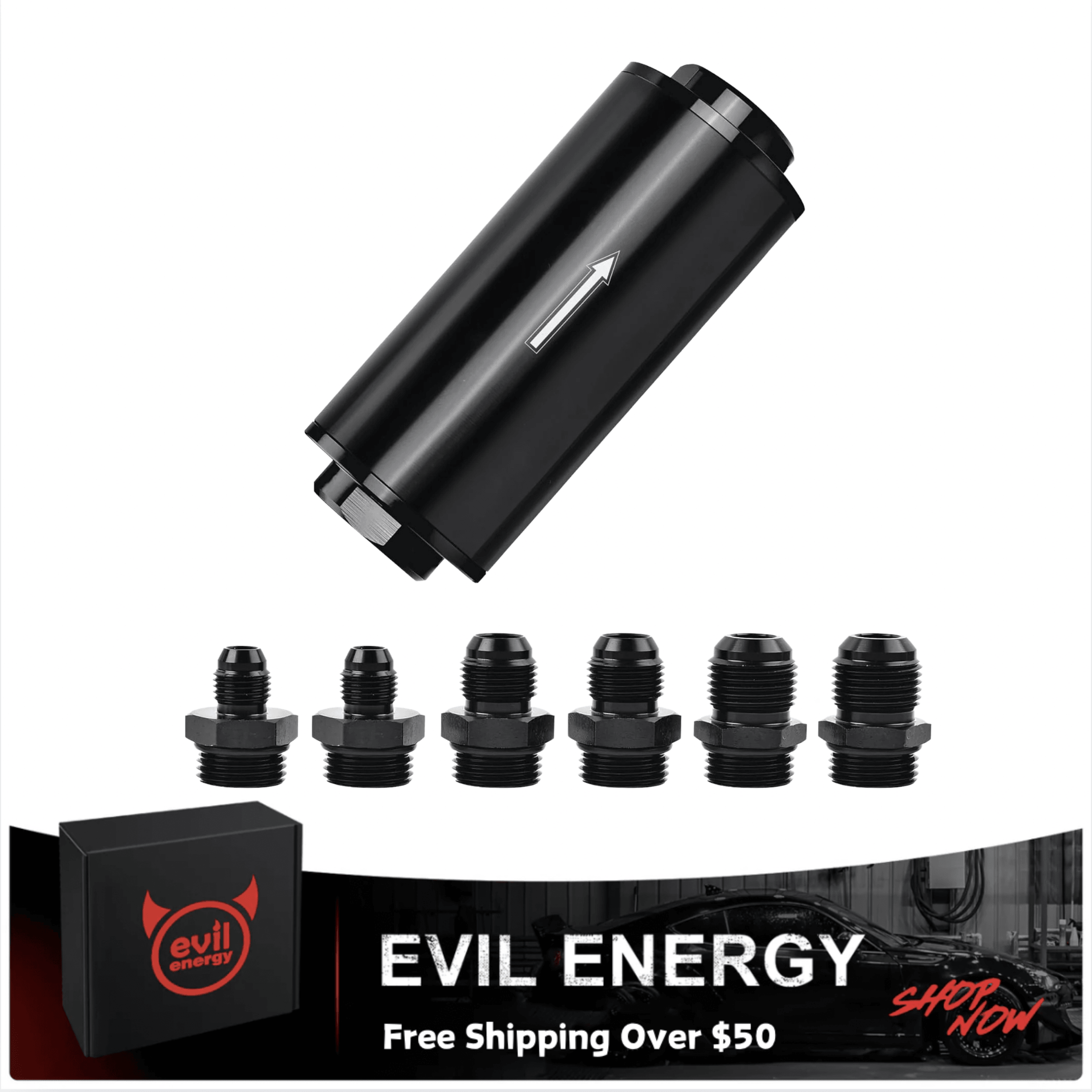 [Black,Without Bracket] black inline evil energy fuel filter with directional arrow and multiple AN fuel line fittings