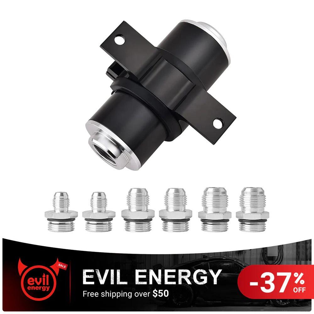 [Silver Black,With Bracket] black inline evil energy fuel filter with directional arrow and multiple AN fuel line fittings
