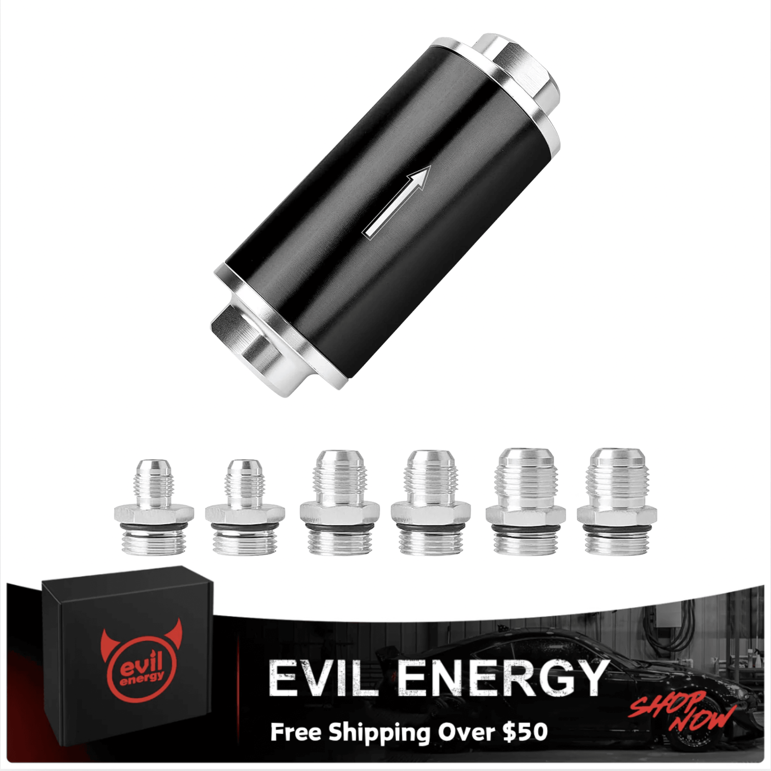[Silver Black,Without Bracket] black inline evil energy fuel filter with directional arrow and multiple AN fuel line fittings