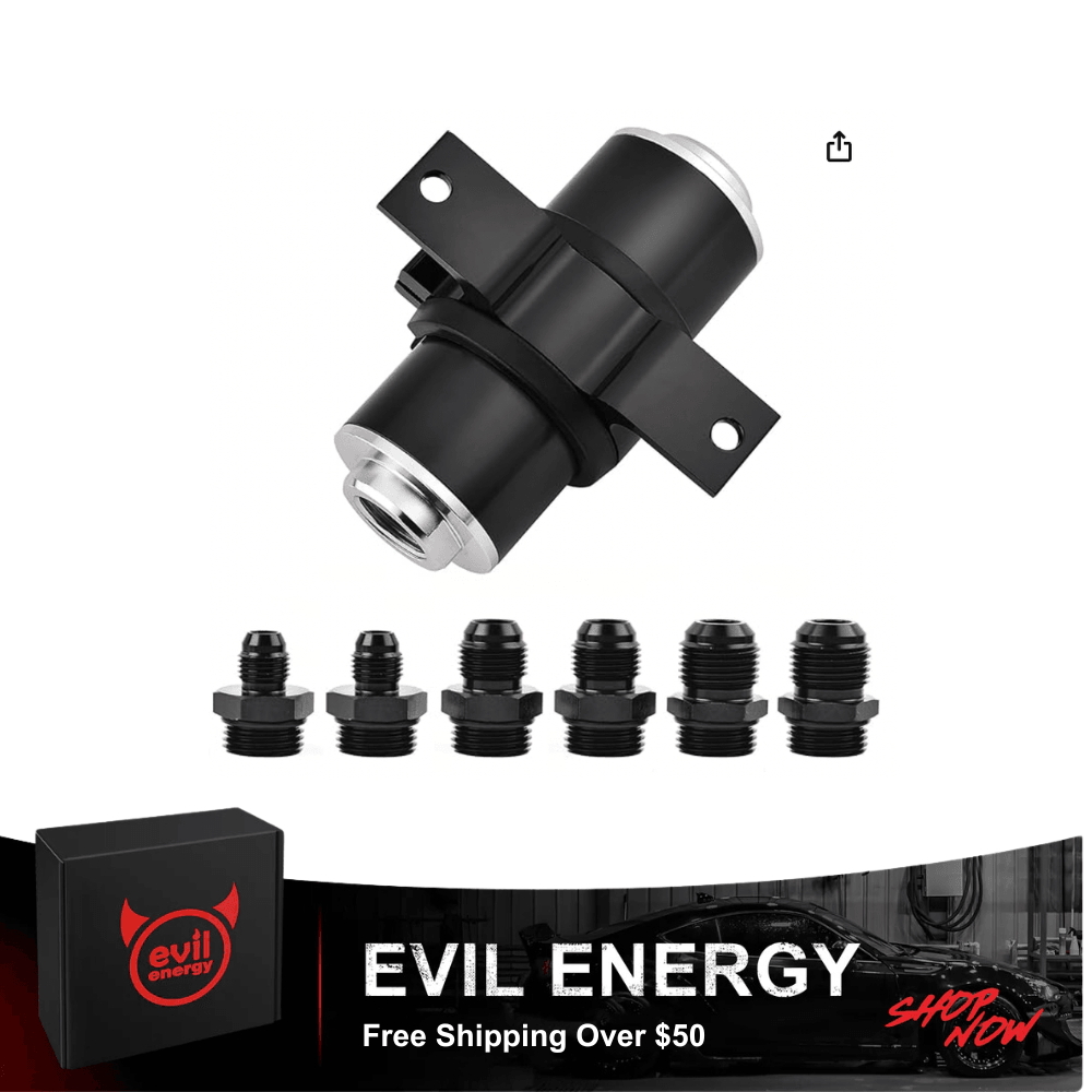 [100 Micron,Silver Black,With Bracket] black inline evil energy fuel filter with directional arrow and multiple AN fuel line fittings