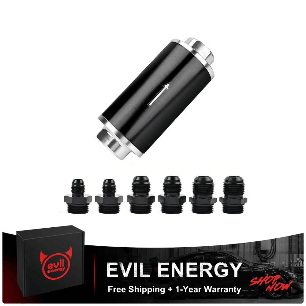 [100 Micron,Silver Black,Without Bracket] black inline evil energy fuel filter with directional arrow and multiple AN fuel line fittings