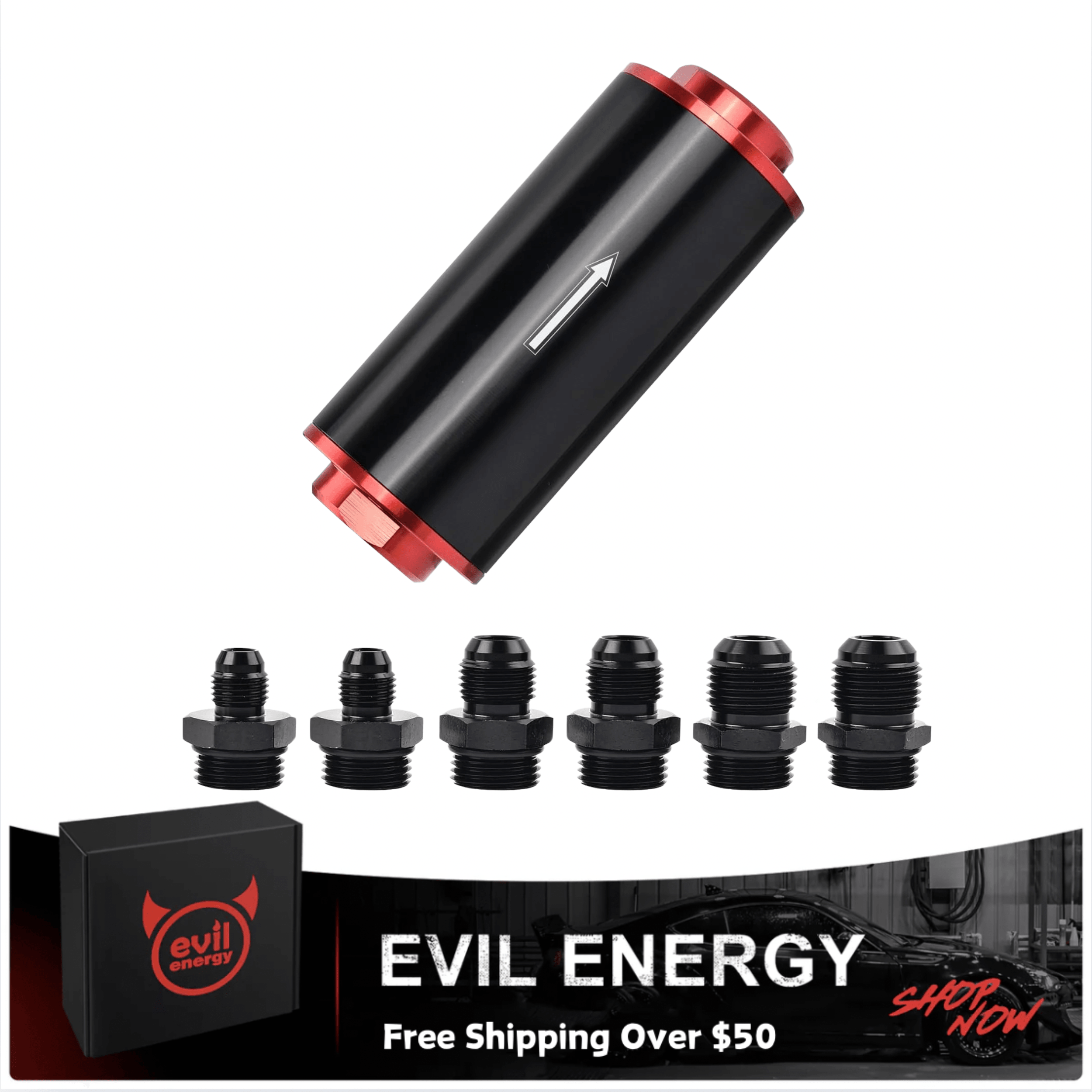 [100 Micron,Red,Without Bracket] black inline evil energy fuel filter with directional arrow and multiple AN fuel line fittings