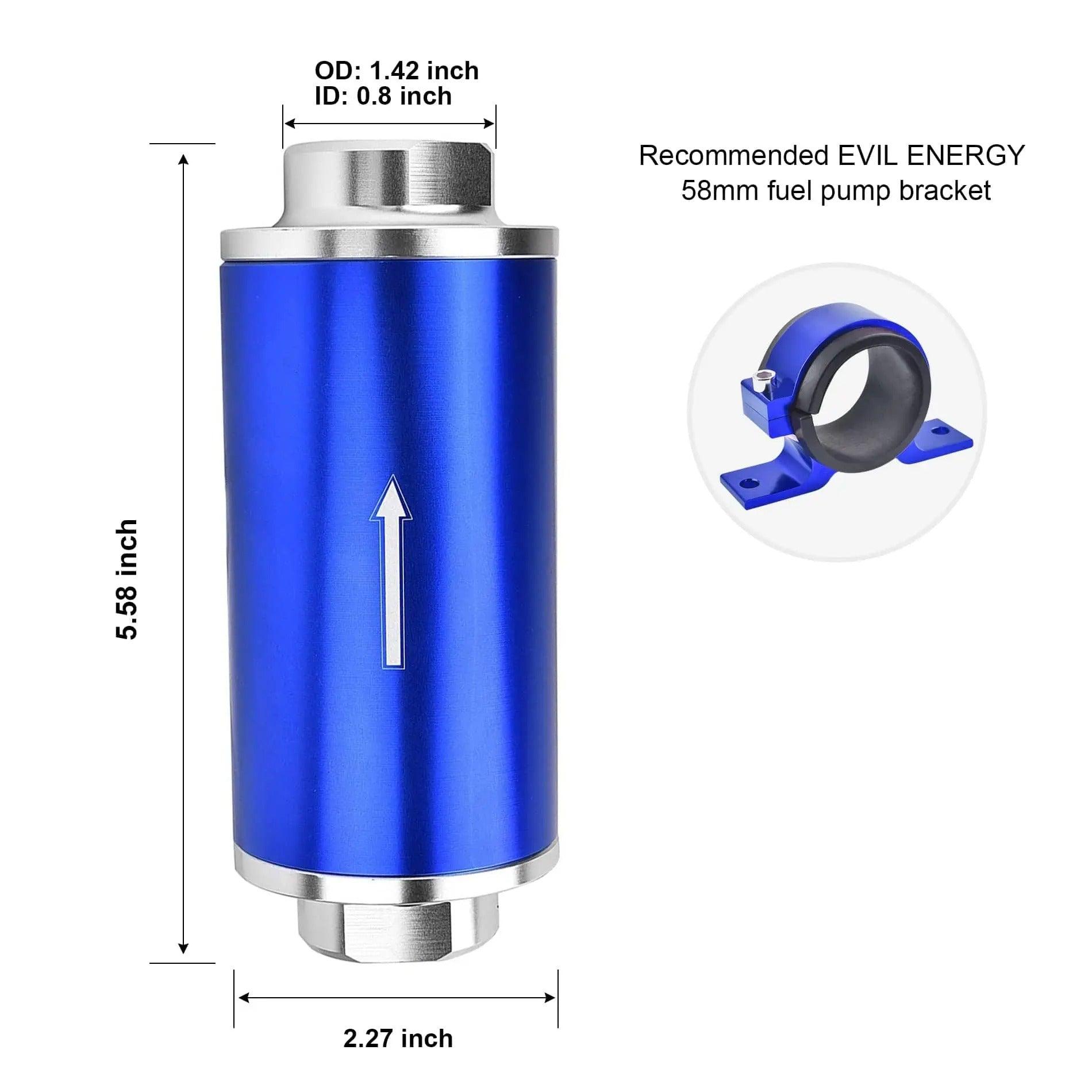 [30 Micron,Blue] EVIL ENERGY blue 58mm inline fuel filter with dimensions 5.58 inch height, 2.27 inch width, OD 1.42 inch, ID 0.8 inch, paired with 58mm fuel pump bracket