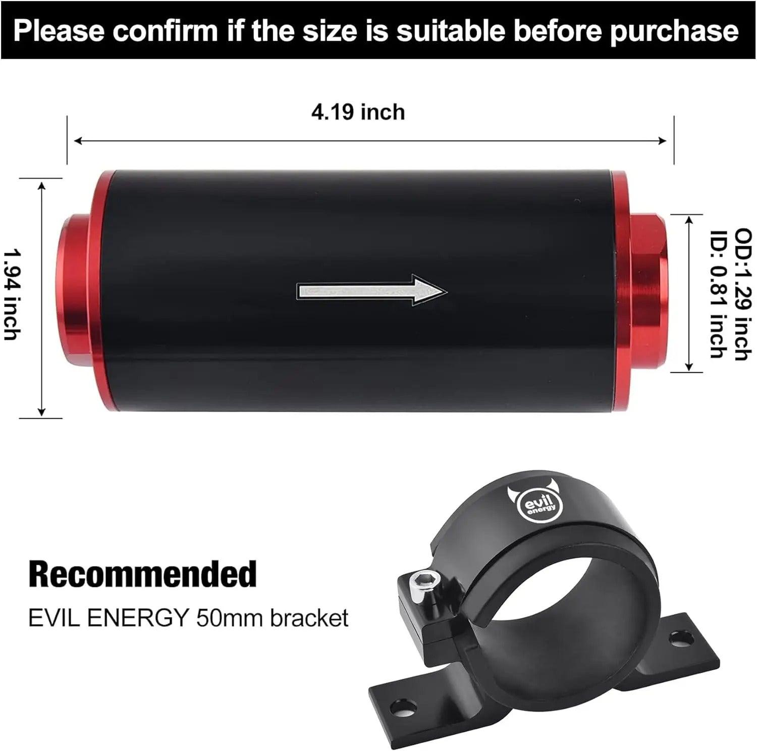 [Red,With bracket] EVIL ENERGY inline fuel filter with red end caps, 50mm bracket, dimensions 4.19 x 1.94 inch, OD 1.29 inch, ID 0.81 inch, compatible with car fuel systems