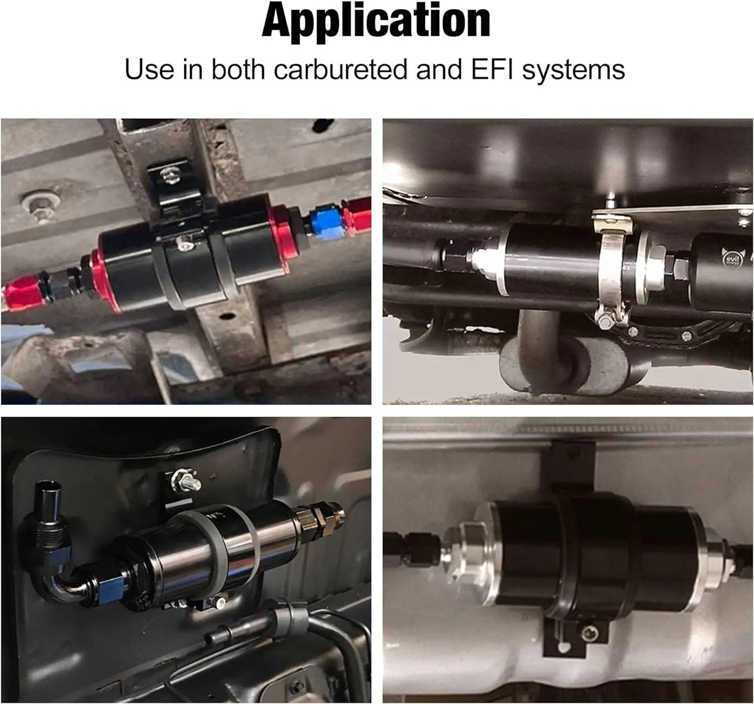 evil energy inline fuel filter installed on various car fuel systems including EFI and carbureted setups