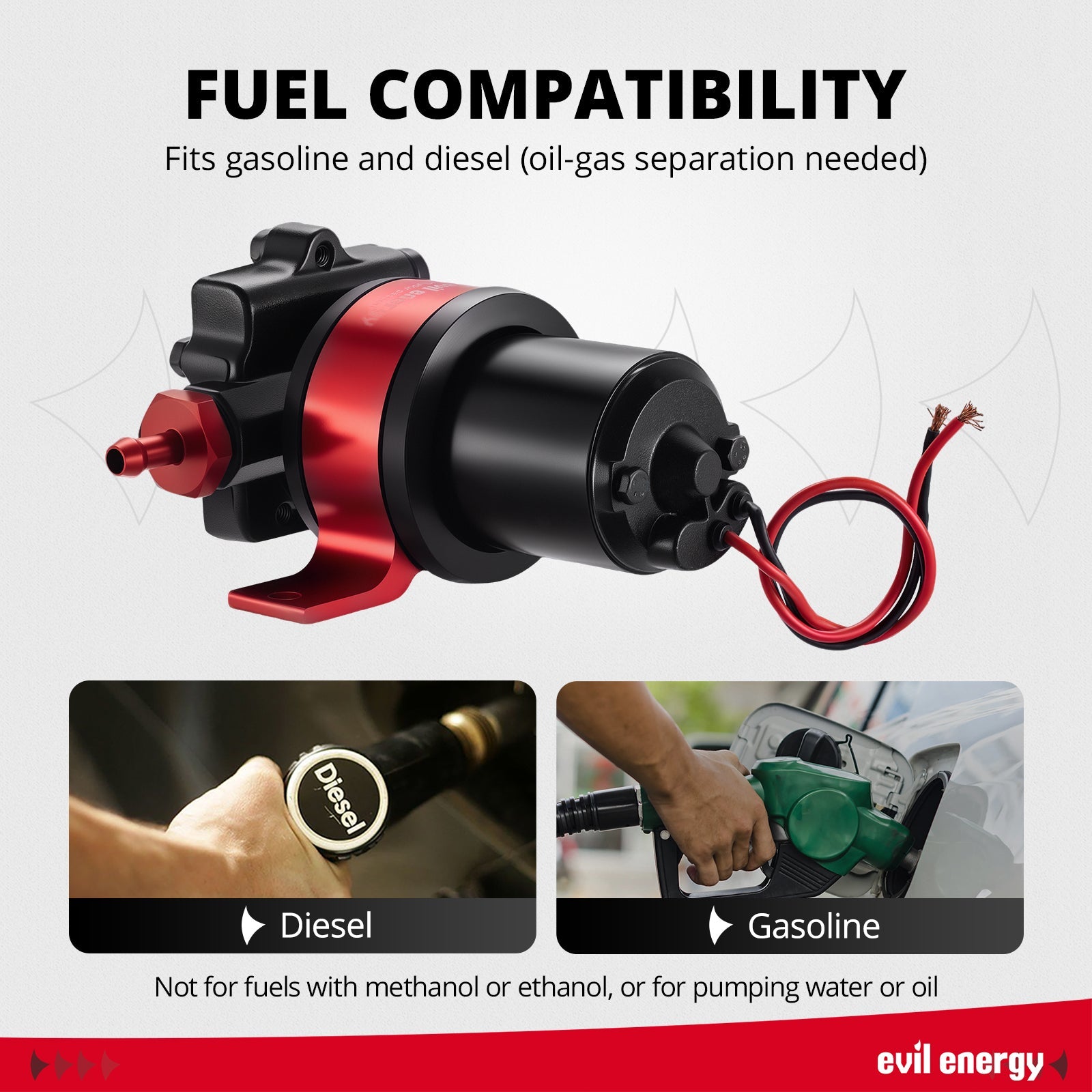 Fuel compatibility guide for the EVIL ENERGY 12V Electric Fuel Pump for Carb, indicating it fits gasoline and diesel, and includes a warning against using ethanol or methanol fuels.