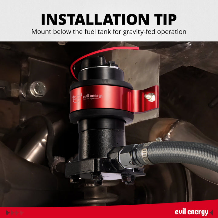 Installation tip for the EVIL ENERGY 12V Electric Fuel Pump for Carb, showing it mounted below the fuel tank to ensure a proper gravity-fed fuel supply.