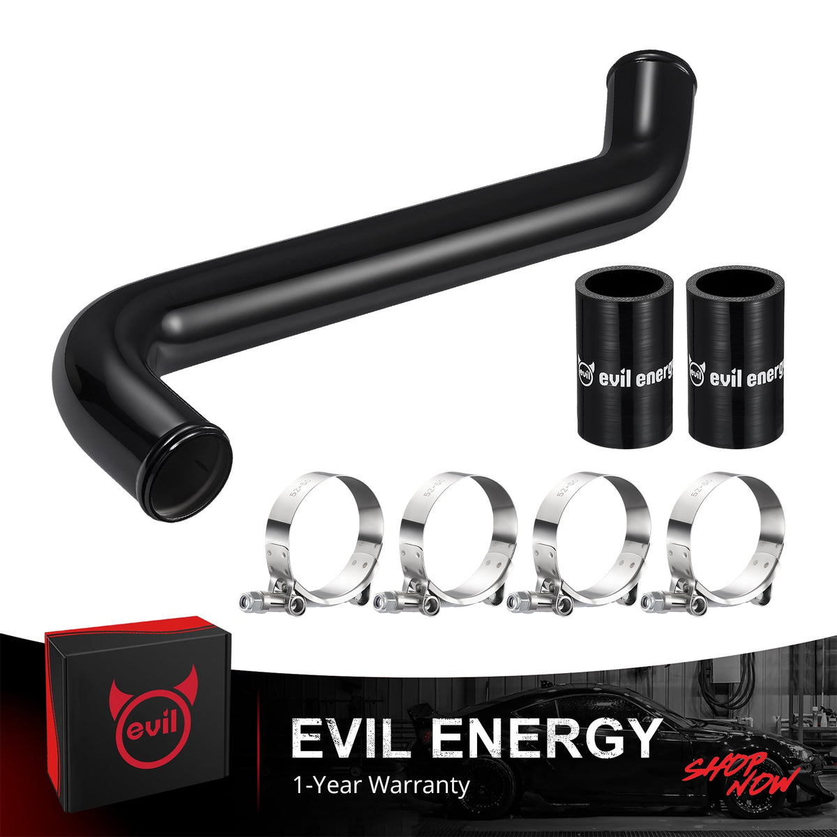 [Black] EVIL ENERGY automotive radiator hose kit with black aluminum upper coolant pipe, silicone couplers, T-bolt clamps, and 1-year warranty