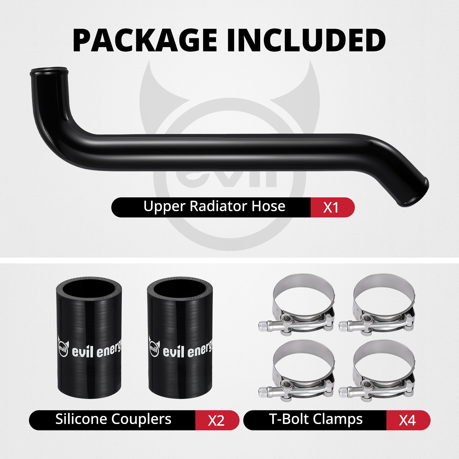[Black] Package included for upper radiator hose kit with black aluminum pipe, two silicone couplers, and four T-bolt clamps