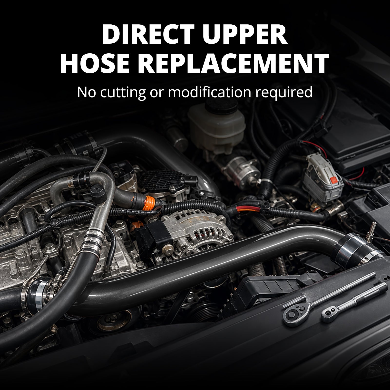 [Black] Direct upper radiator hose replacement installed on engine bay with no cutting or modification required for LML Duramax coolant hose