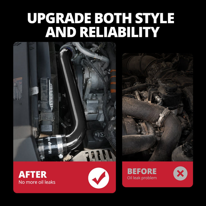 [Black] Before and after engine bay comparison showing factory rubber coolant hose replaced by black aluminum radiator hose pipe