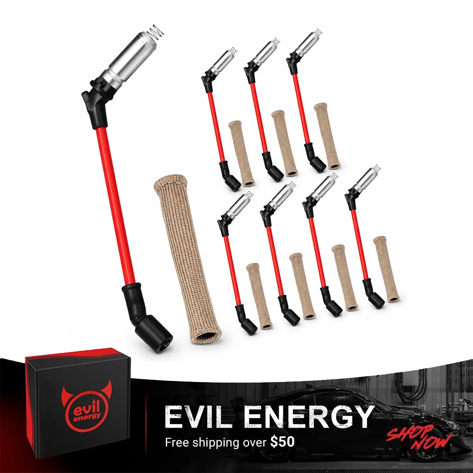 EVIL ENERGY 10.5mm Spark Plug Ignition Wire Set Compatible with 2000-2009 Chevy GMC V8 Engines, 8pcs High-Temp Silicone Wire Set