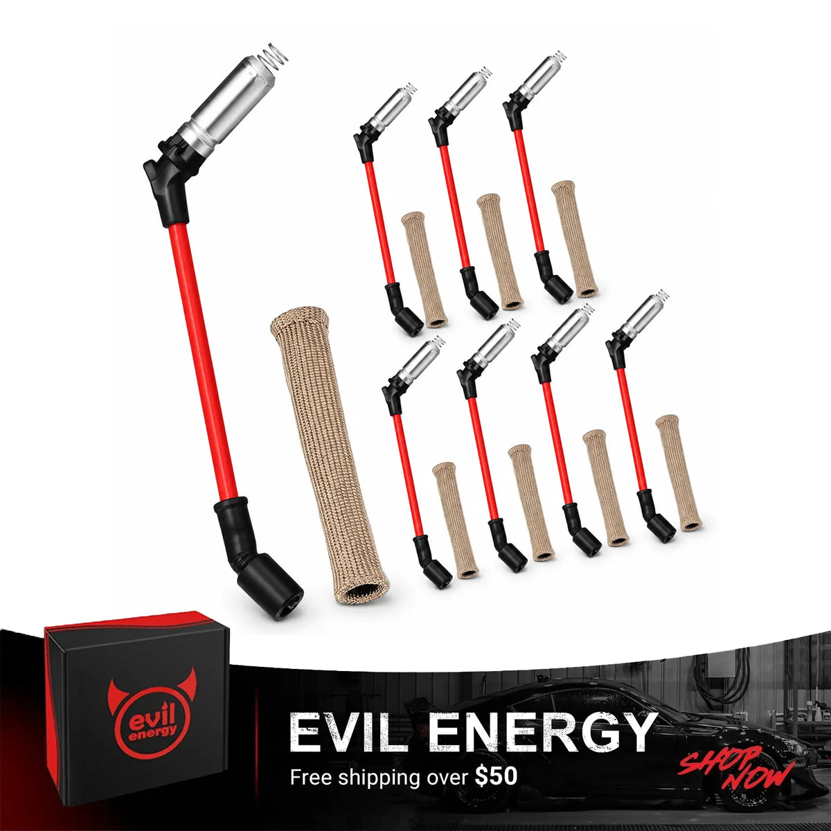 EVIL ENERGY 10.5mm Spark Plug Ignition Wire Set Compatible with 2000-2009 Chevy GMC V8 Engines, 8pcs High-Temp Silicone Wire Set