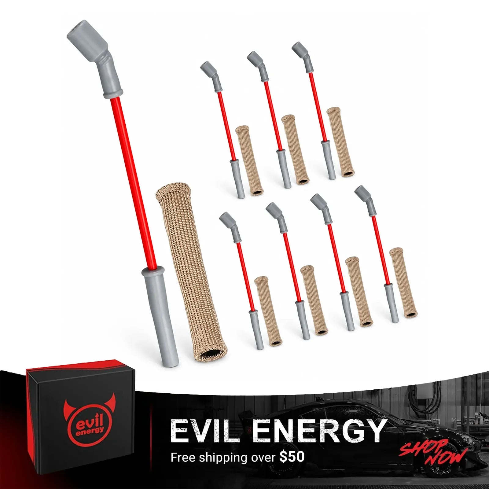 EVIL ENERGY 8.5mm Spark Plug Wire Set Compatible with 1999-2013 GM Truck & SUV LS Engines, 4.8L 5.3L 6.0L 8.1L V8, 45 Degree Spark Plug Boots