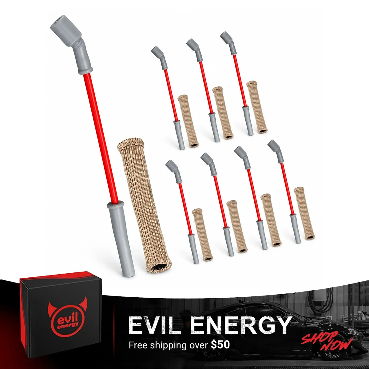EVIL ENERGY 8.5mm Spark Plug Wire Set Compatible with 1999-2013 GM Truck & SUV LS Engines, 4.8L 5.3L 6.0L 8.1L V8, 45 Degree Spark Plug Boots