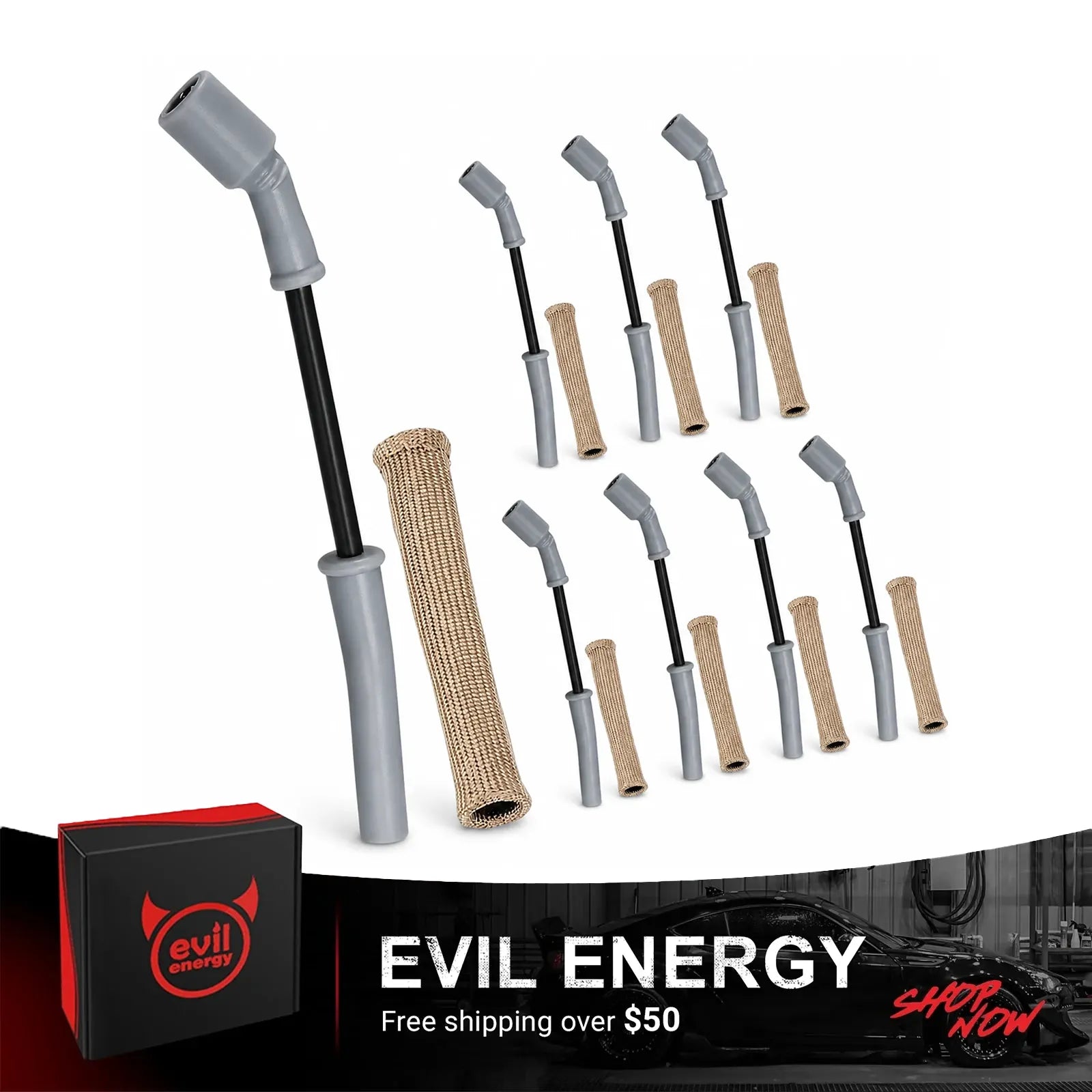 EVIL ENERGY 8.5mm Spark Plug Wire Set Compatible with GM LS1 Engines, Corvette Camaro 1997-On Reference Fitment, 45 Degree DD Plug Boots