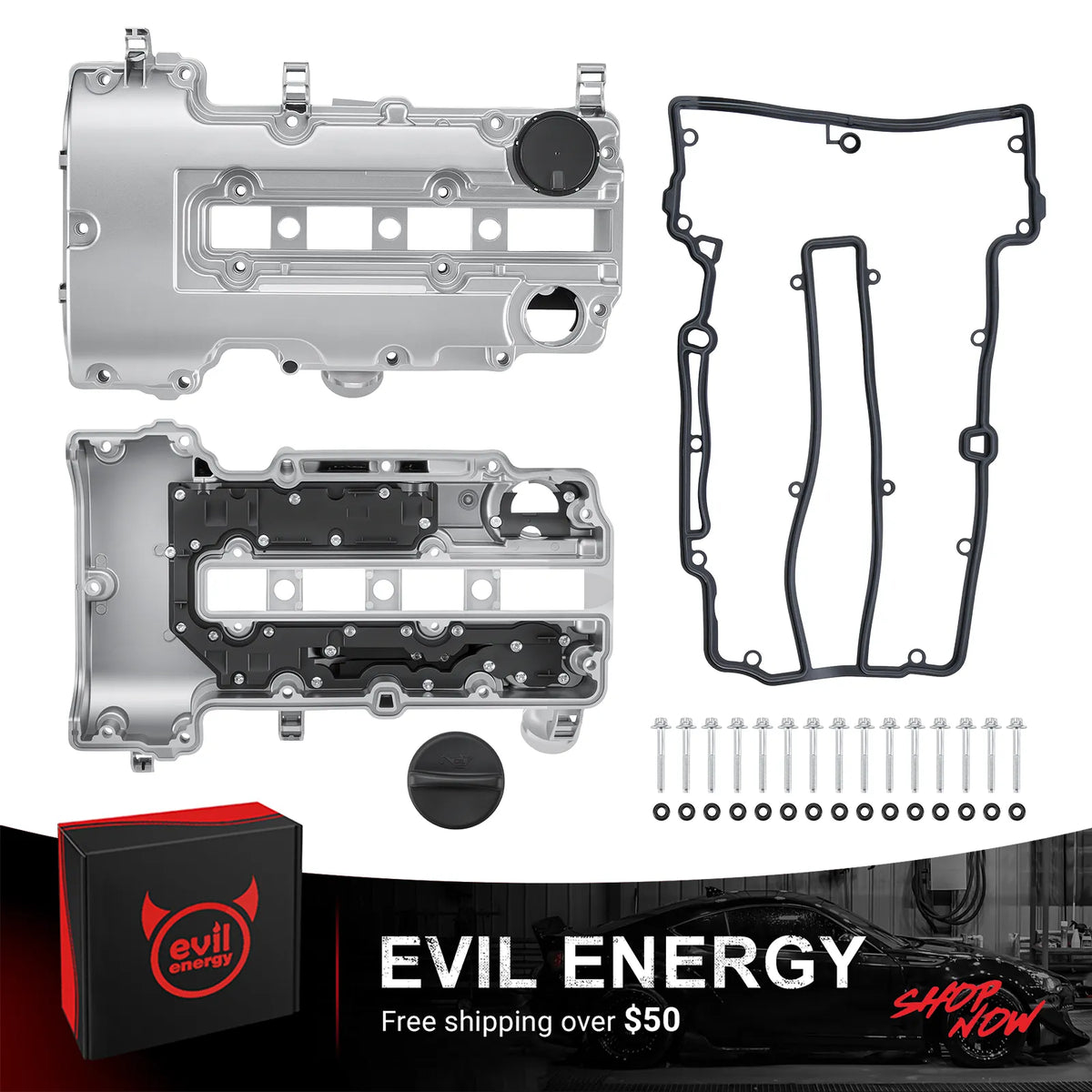 EVIL ENERGY Aluminum Valve Cover Kit with Gasket, Bolts, Washers and Oil Cap Compatible with Chevy Cruze Sonic Trax Volt, Buick Encore, Cadillac ELR 1.4L