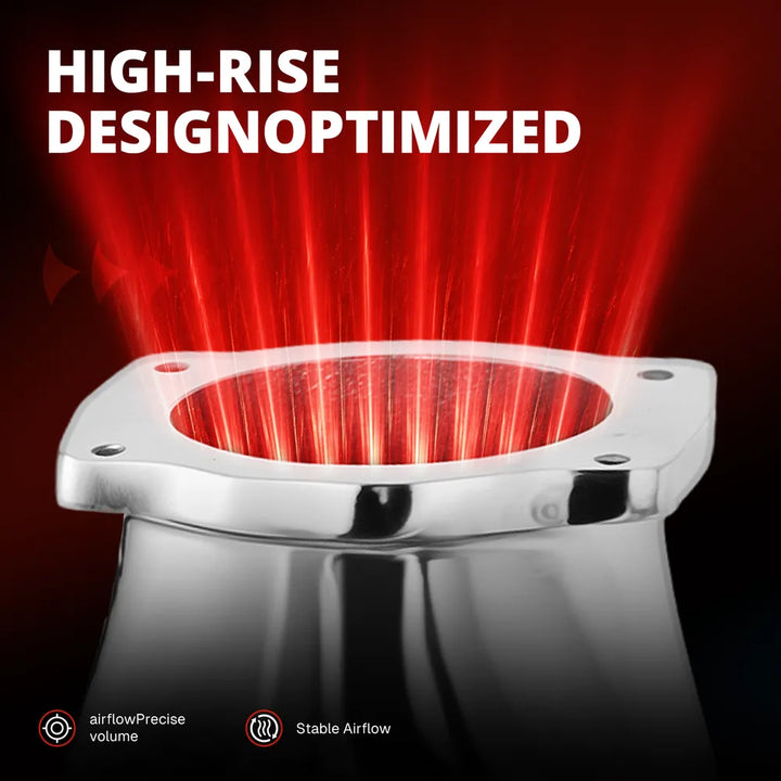 Close up of a high-rise design optimized intake manifold plenum base with red glowing light effect showing airflow precise volume and stable airflow paths for engine performance.