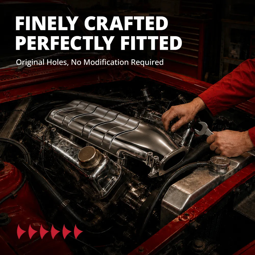 A mechanic holding a wrench installs a finely crafted perfectly fitted aluminum intake manifold into a red classic car engine bay, emphasizing original holes with no modification required.