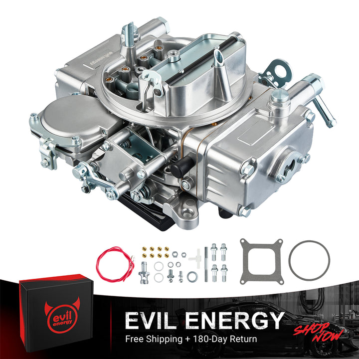 EVIL ENERGY 600 CFM 4-Barrel Carburetor with full installation kit including gaskets, fittings, and wiring