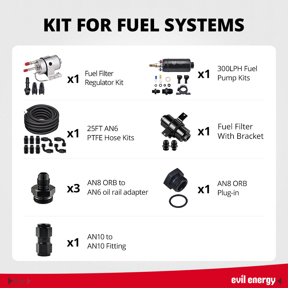 Evil Energy All-in-One LS Fuel Upgrade Kit: Electric Pump, Filter Regulator, PTFE Line & Matching Plug Adapters - EVILENERGY