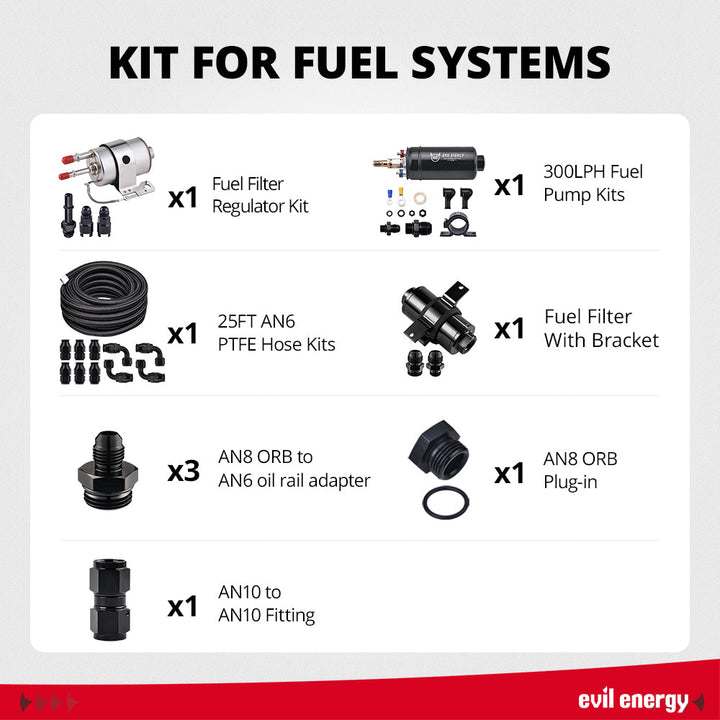 Evil Energy All-in-One LS Fuel Upgrade Kit: Electric Pump, Filter Regulator, PTFE Line & Matching Plug Adapters - EVILENERGY
