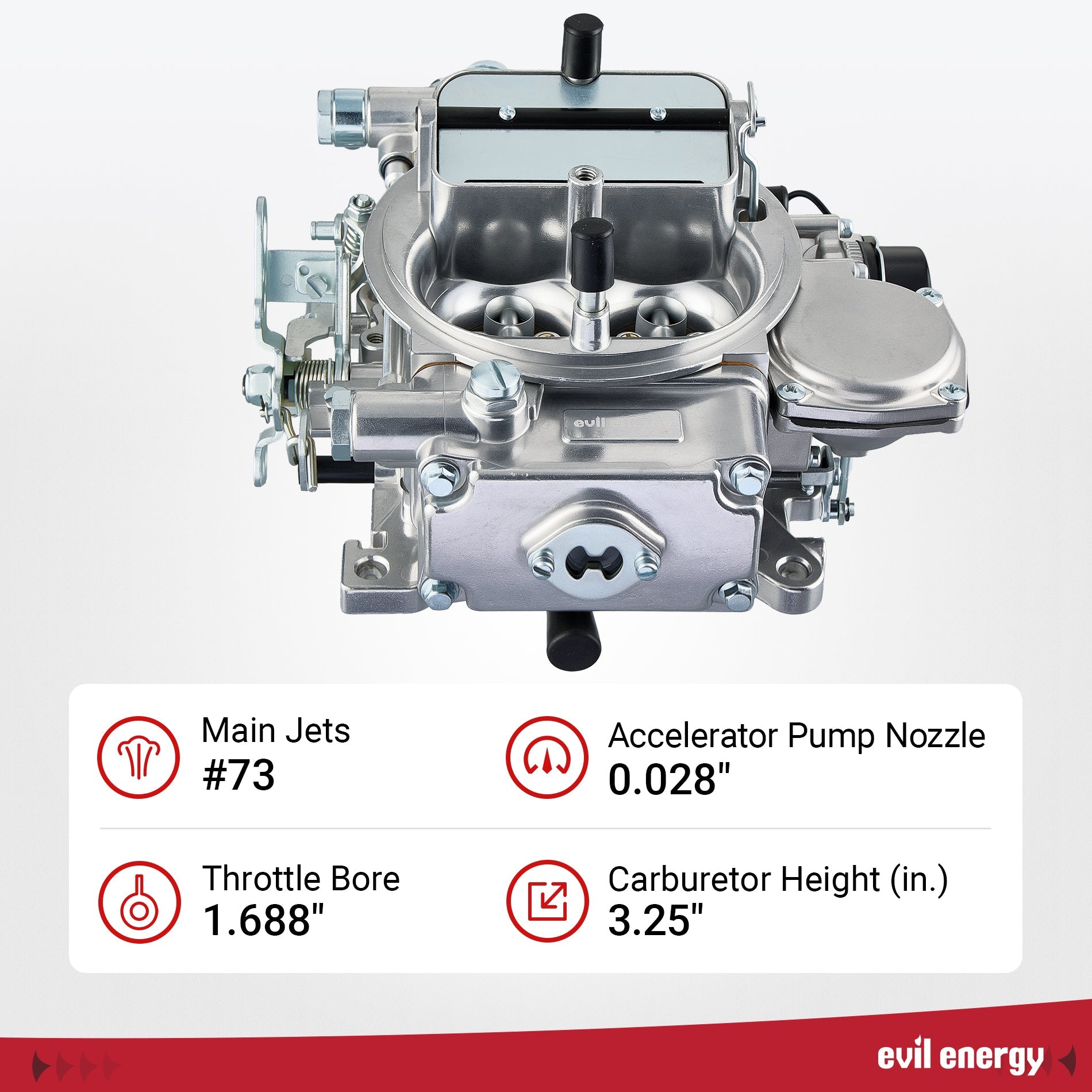 Evil Energy 600 CFM 4-Barrel Carburetor specs, main jets #73, throttle bore 1.688-inch, precision design