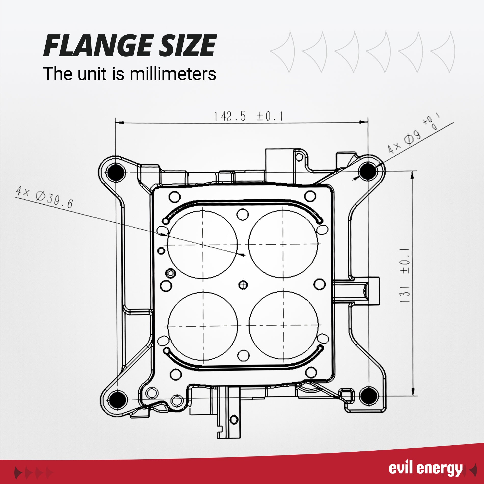 Evil Energy 600 CFM 4-Barrel Carburetor flange size, technical dimensions, professional engineering