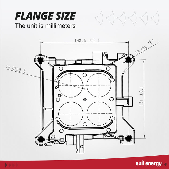Evil Energy 600 CFM 4-Barrel Carburetor flange size, technical dimensions, professional engineering