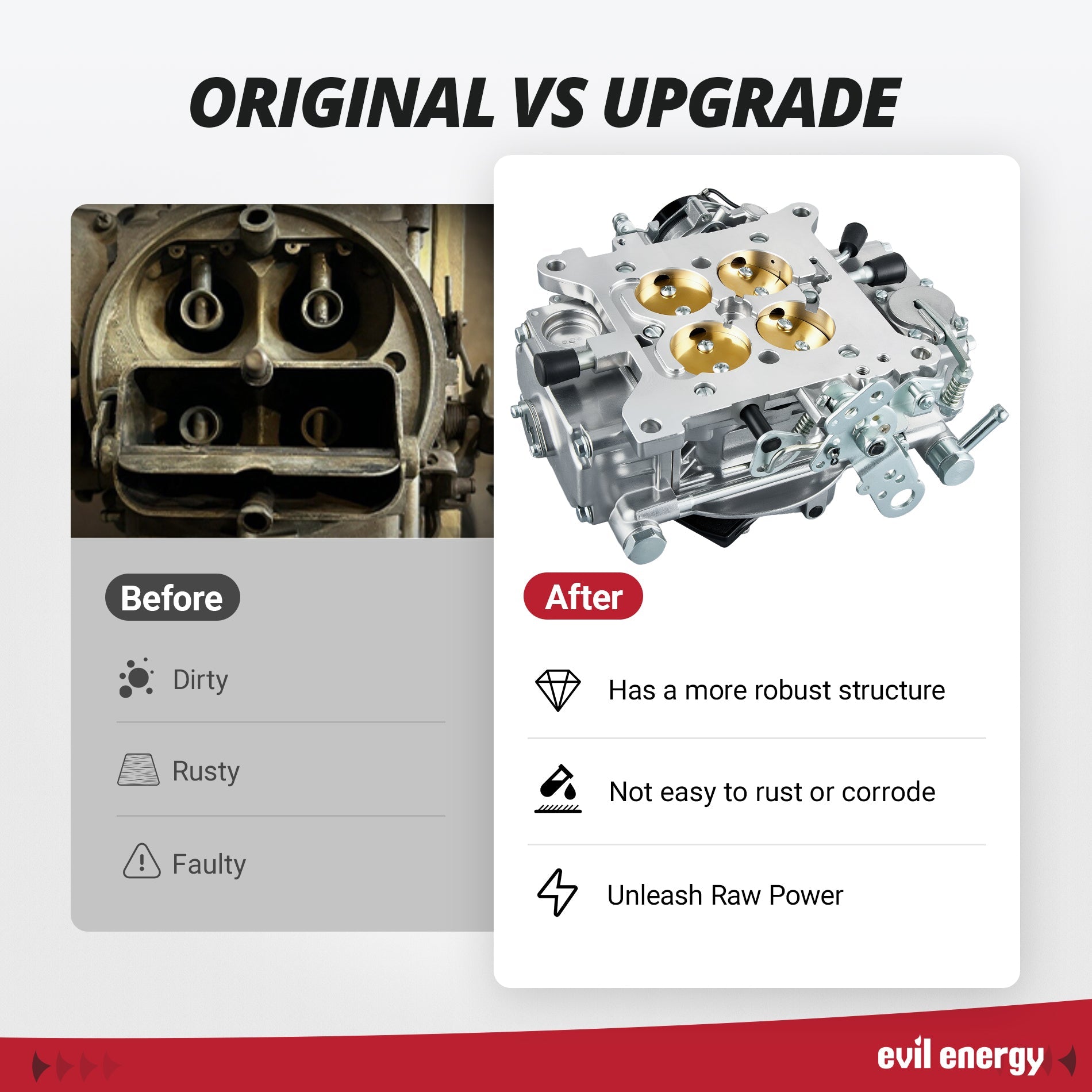 Evil Energy 600 CFM 4-Barrel Carburetor upgrade, robust structure, corrosion - resistant vs original