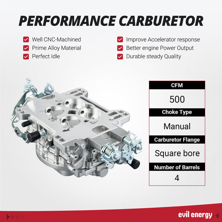 Performance highlights and specs of EVIL ENERGY 500 CFM 4-barrel Carburetor with manual choke