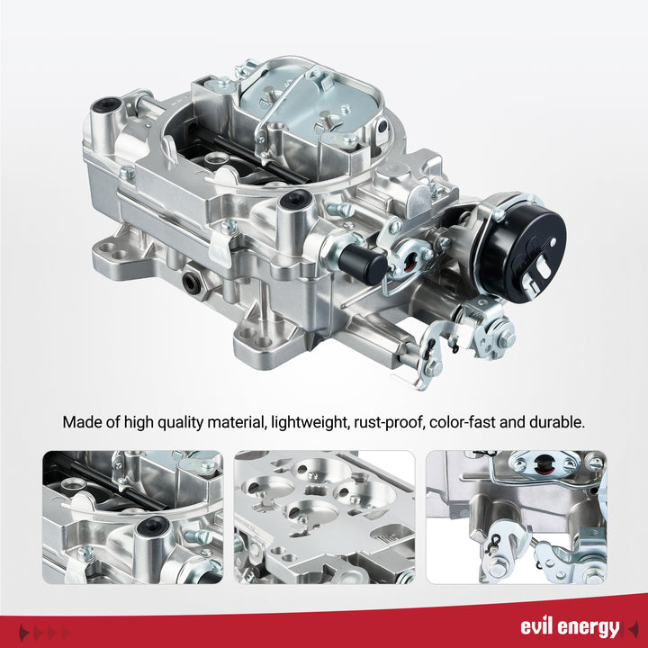 Close-up views of EVIL ENERGY 600 CFM 4-barrel carburetor highlighting lightweight alloy, rust-proof finish, and fuel channel precision.