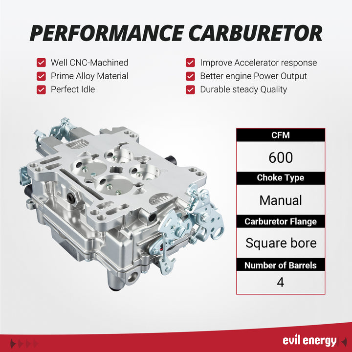 EVIL ENERGY 600 CFM 4-barrel Carburetor performance, CNC - machined, prime alloy material