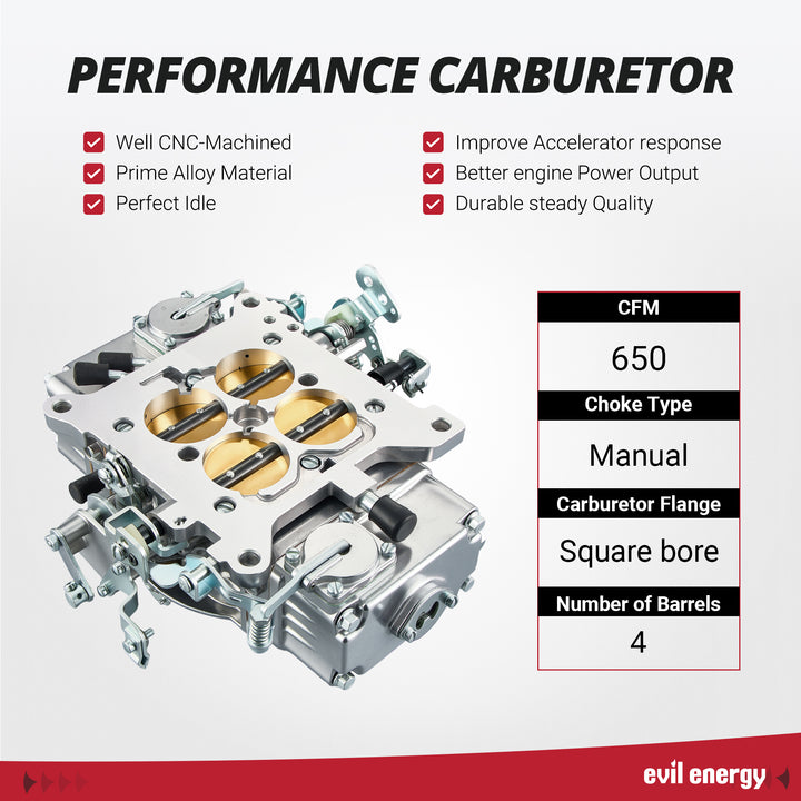 EVIL ENERGY 650 CFM 4 Barrel Carburetor performance chart showing CNC machining, manual choke, and 4-barrel square bore specs