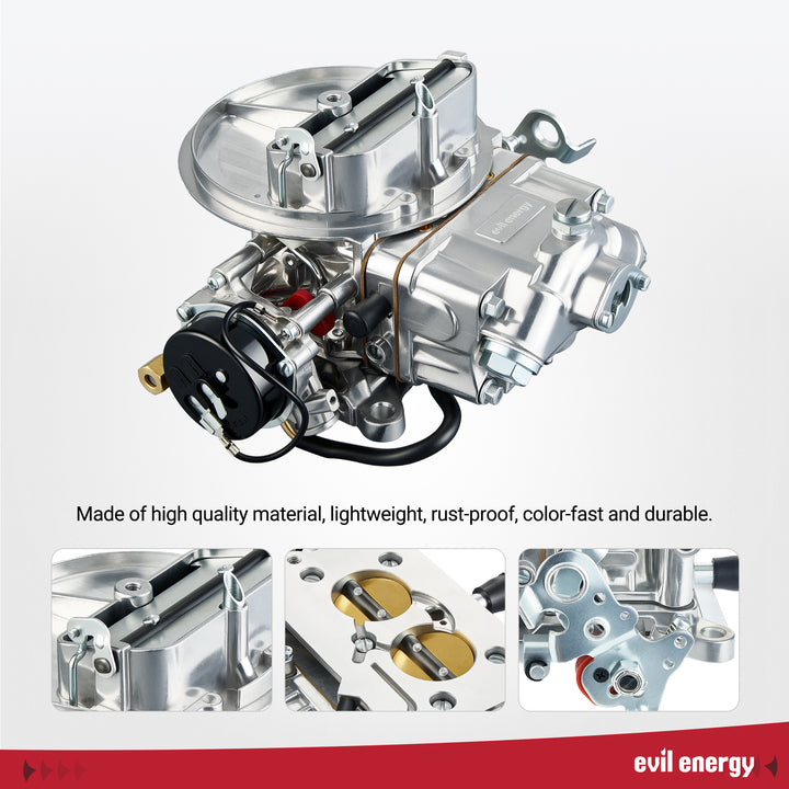 High-resolution image of EVIL ENERGY 350 CFM 2-barrel Carburetor with close-up shots, showcasing rust-proof, durable alloy construction and fine craftsmanship.