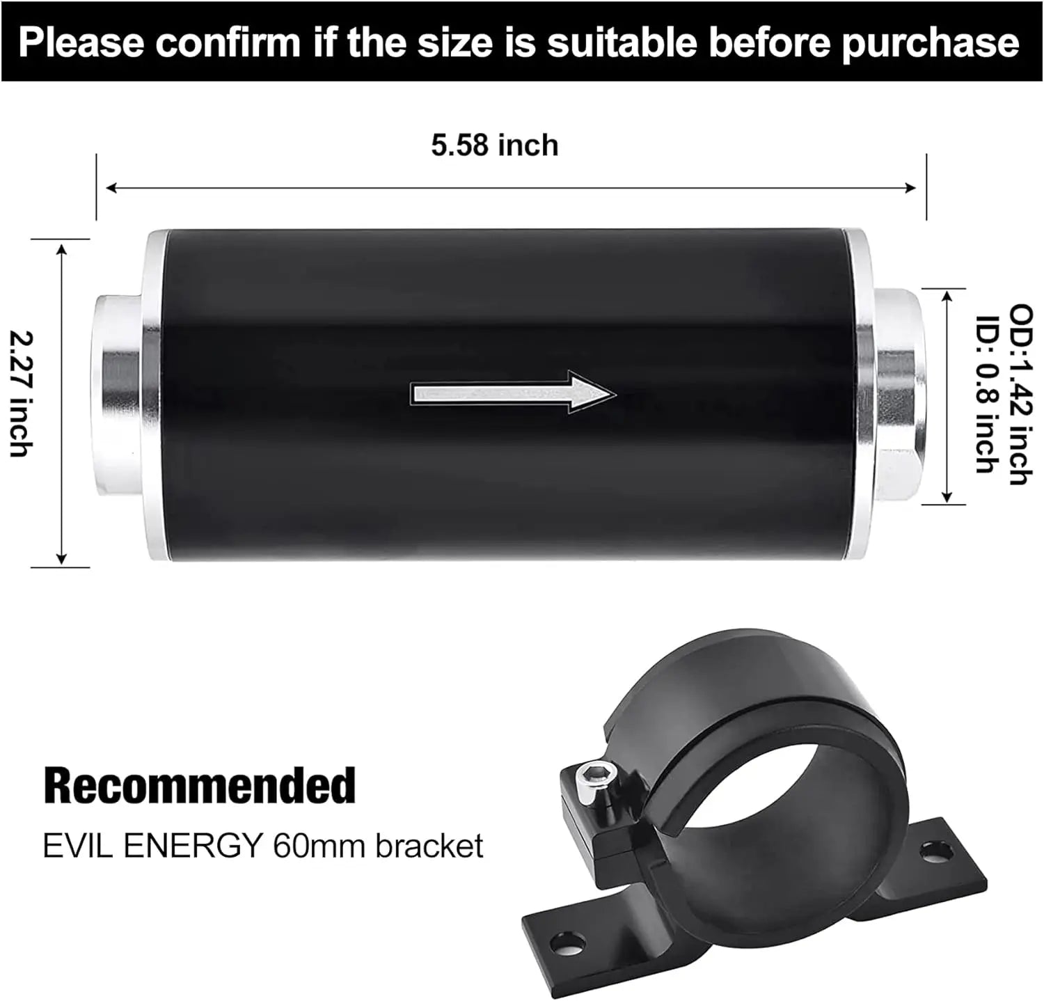 EVIL ENERGY 30 Micron Inline Fuel Filter with 6AN 8AN 10AN Adapter&Bracket Clamp 60MM Universal