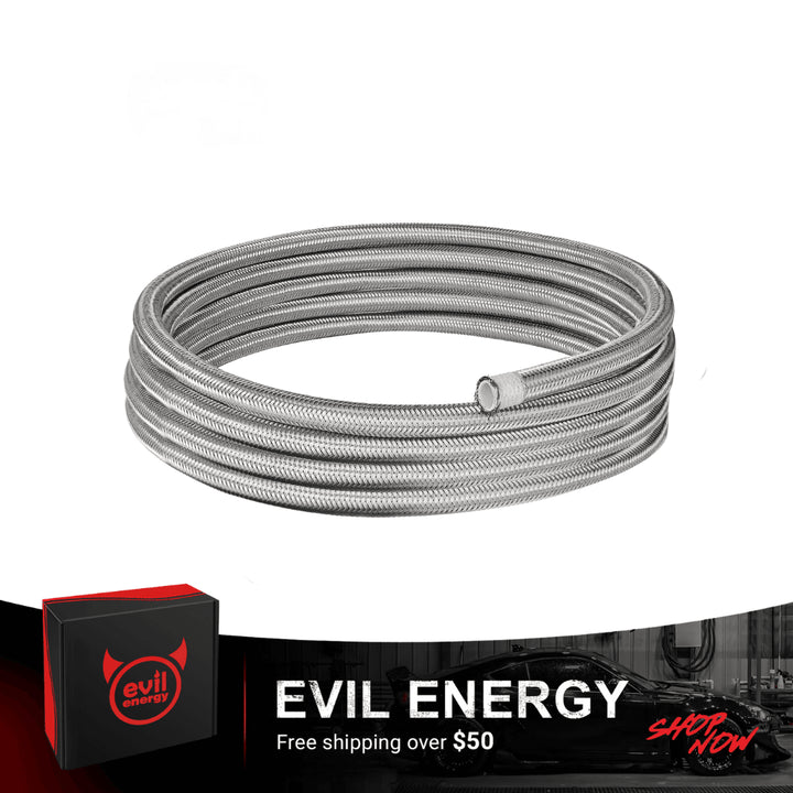 EVIL ENERGY PTFE Fuel Hose Line E85 6/8/10AN Stainless Steel Braided 10FT Silver - EVILENERGY