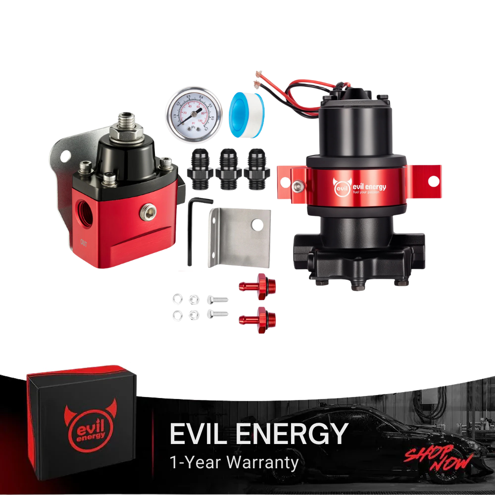 Evil Energy 12V Electric Fuel Pump for Carburetor + 5-12PSI Adjustable Pressure Regulator Bundle High-Flow 90GPH External, E85/Gas Compatible