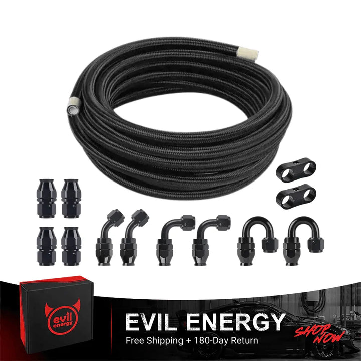  [20FT] EVIL ENERGY PTFE Fuel Line Kit, complete black hose & fittings set, 180-day return