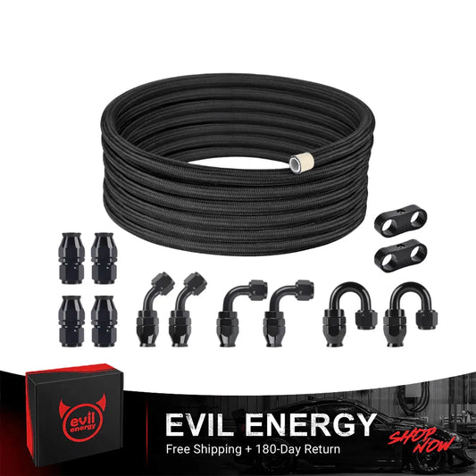 [16FT] EVIL ENERGY PTFE Fuel Line Kit, black braided hose, fittings, free shipping & return