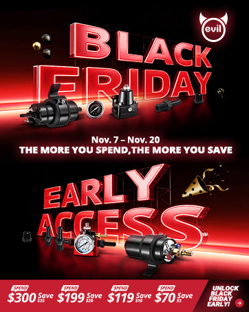 EVIL ENERGY Black Friday Early Access promotion banner showing automotive performance parts and tiered savings offers from November 7 to November 20.