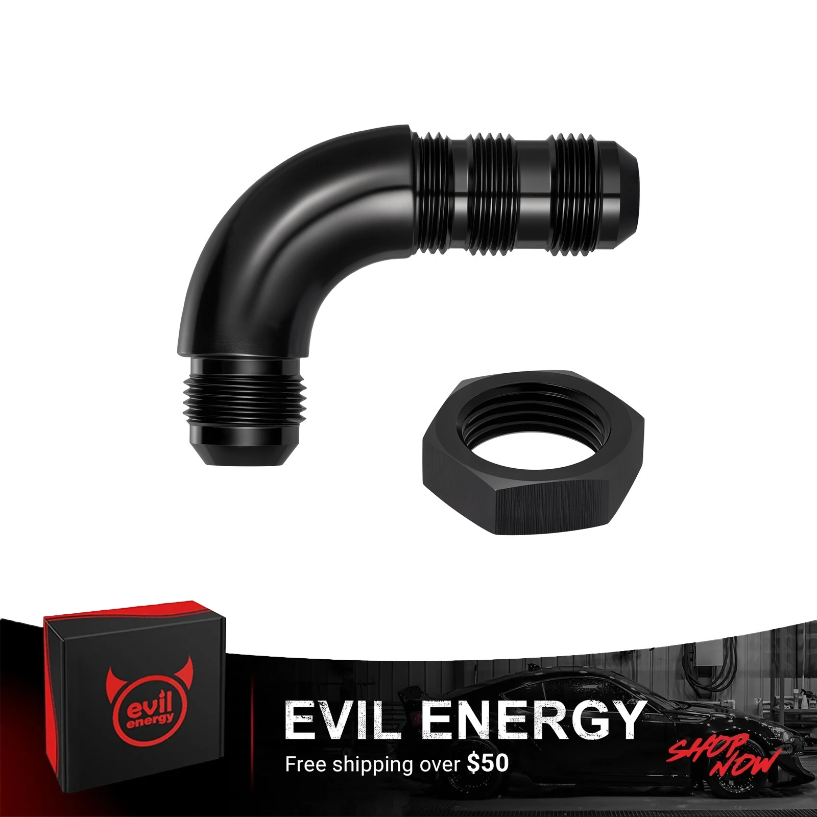 EVIL ENERGY Male 90 Degree 3/4/6/8/10/12AN Bulkhead Full Flow Fitting Adapter Aluminum with 3/4/6/8/10/12AN Nut Black