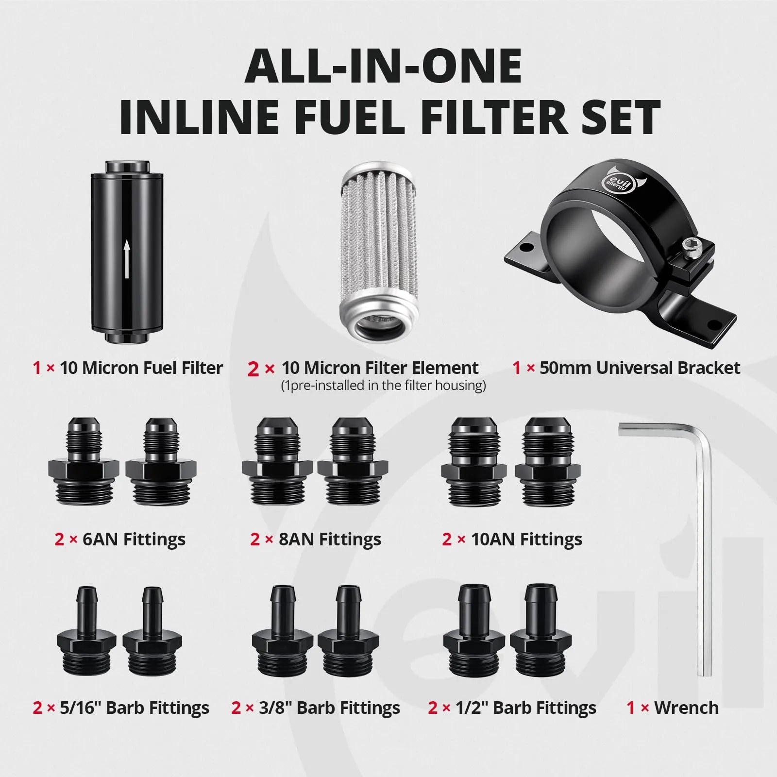 EVIL ENERGY 10 Micron All-In-One Fuel Filter Kit with 6AN, 8AN, 10AN, 1/2-inch, 3/8-inch, 5/16-inch Barb Adapters, Universal Aluminum w/Extra Replacement Filter Element & 50MM Mounting Bracket