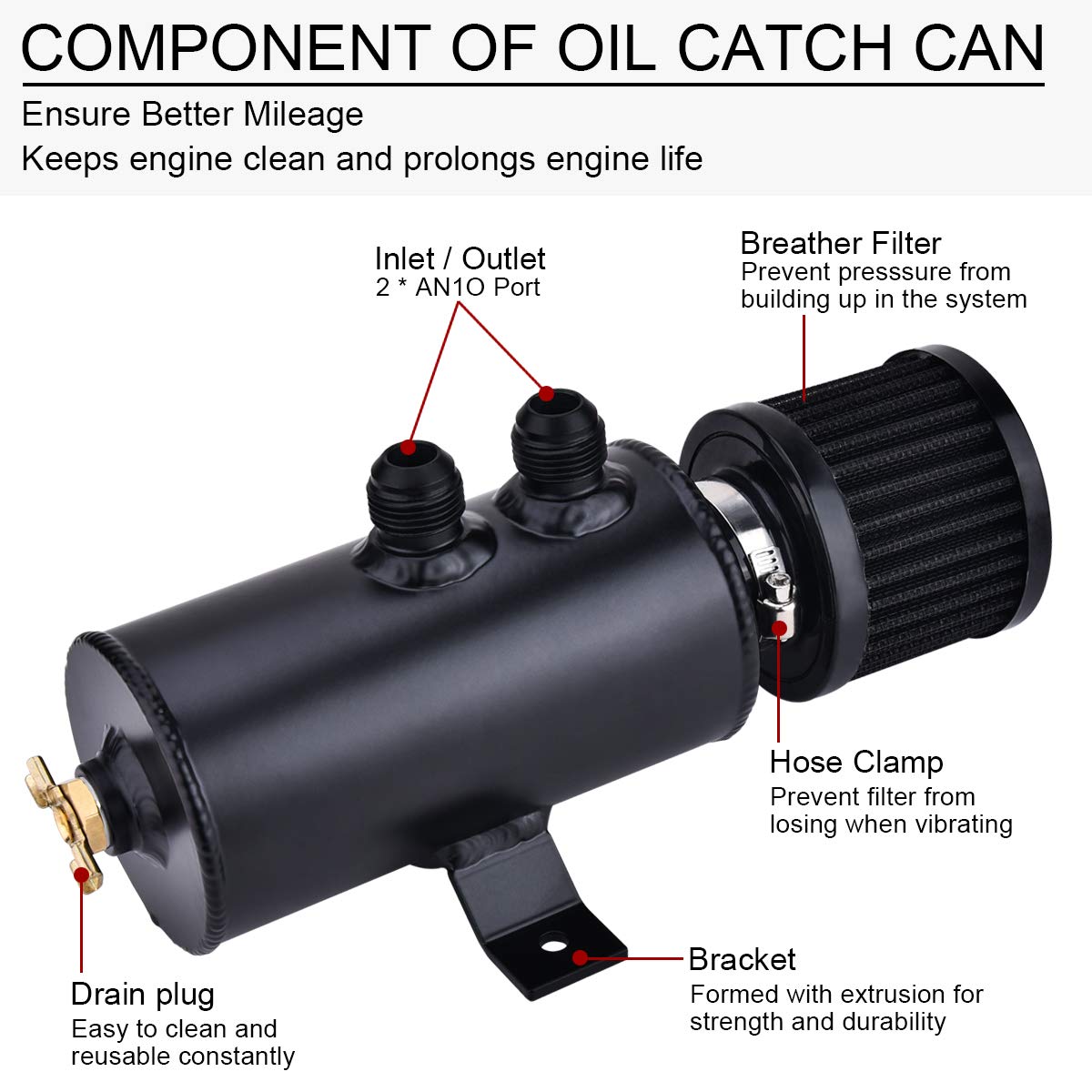 Universal Aluminum Oil Catch Can Reservoir Kit With Filter With Baffled Tank & Breather Filter - Black Universal Aluminum Oil Catch Can Kit - Foto 9